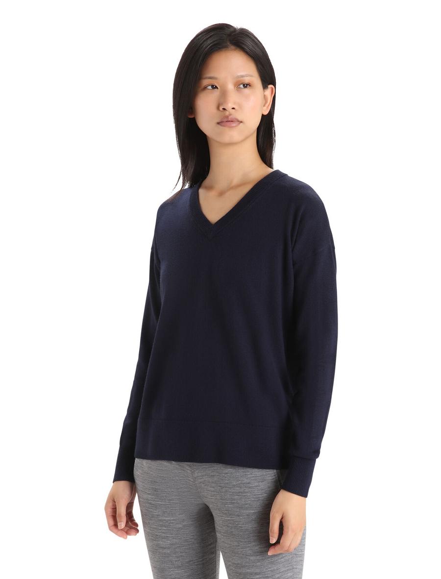 Midnight Navy Icebreaker Merino Shearer V Neck Women\'s Sweaters | AU 1629NWYB